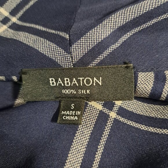 Aritzia Babaton Navy Blue Striped Plaid Crossover Silk Blouse Size Small - Picture 6 of 6